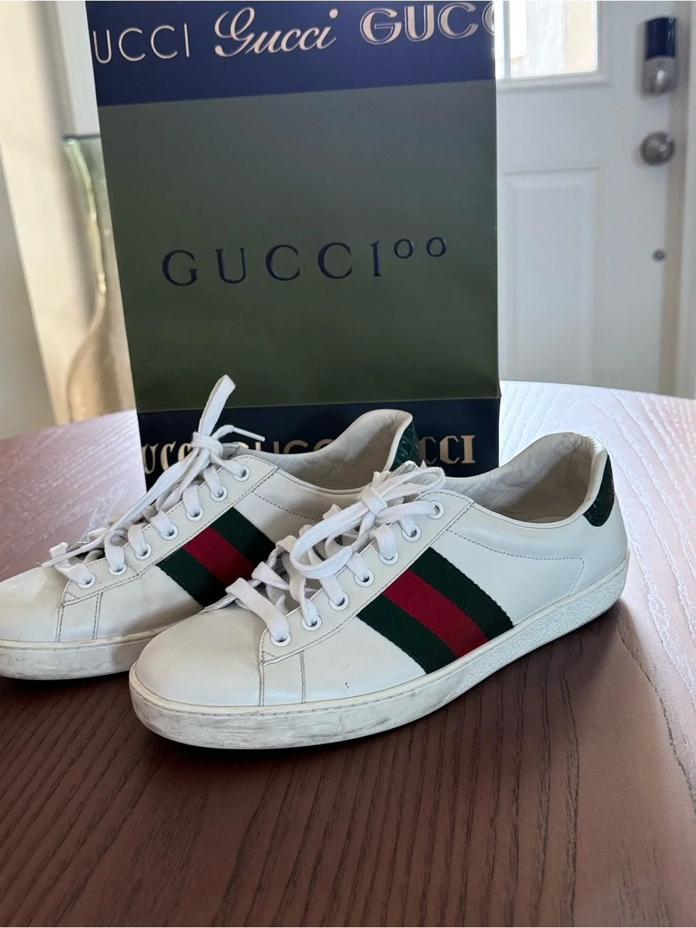 Gucci Ace Men’s Leather Web Sneakers White Green Red Size 7.5